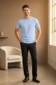 MEKA Bisiklet Yaka % 100 Pamuk Kumaş Düz Renk Rahat Kalıp Kısa Kol T-shirt MAVİ MAVİ - S